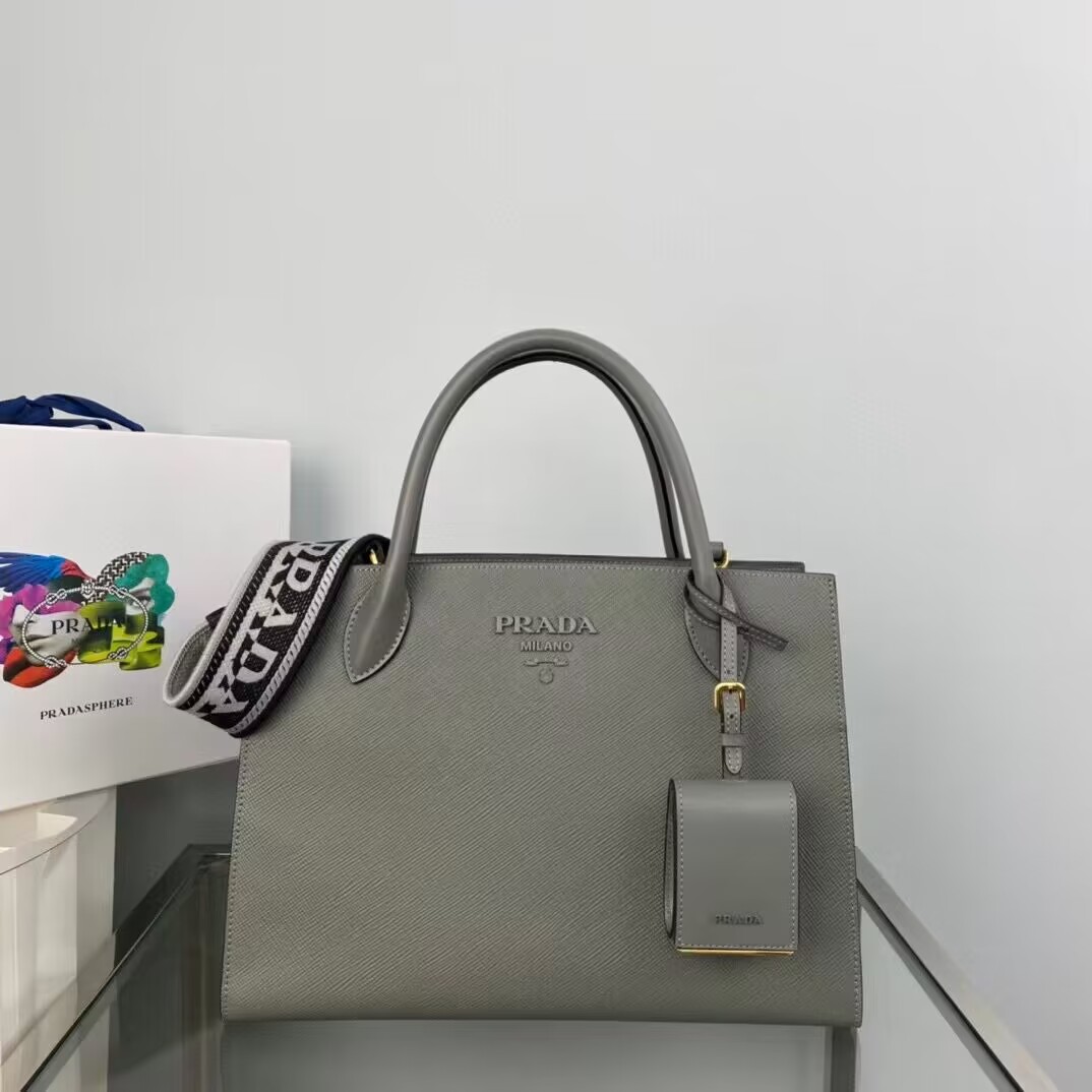 Pra*a Monochrome Saffiano Leather Handbag 1BA155 Gray