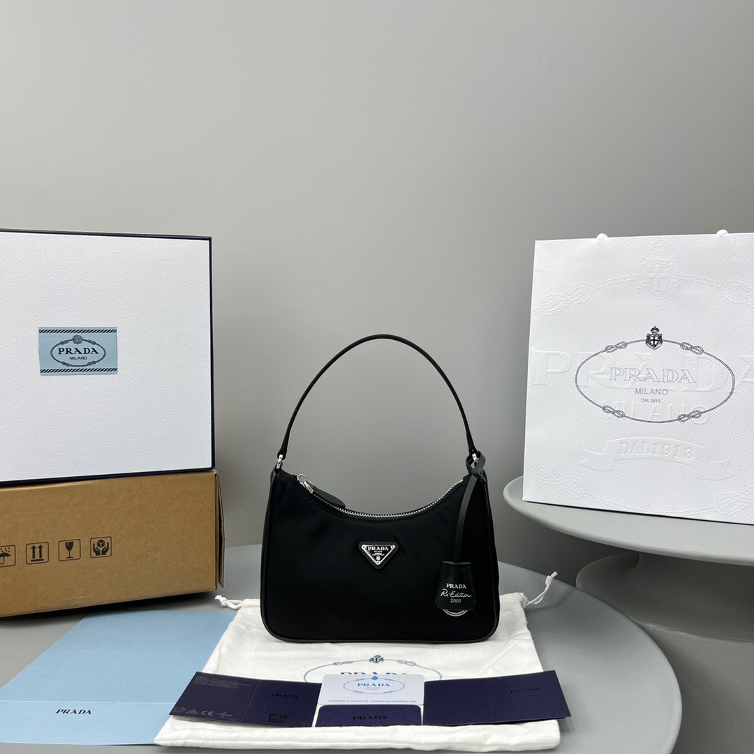 Pra*a Nylon Hobo Bag Black