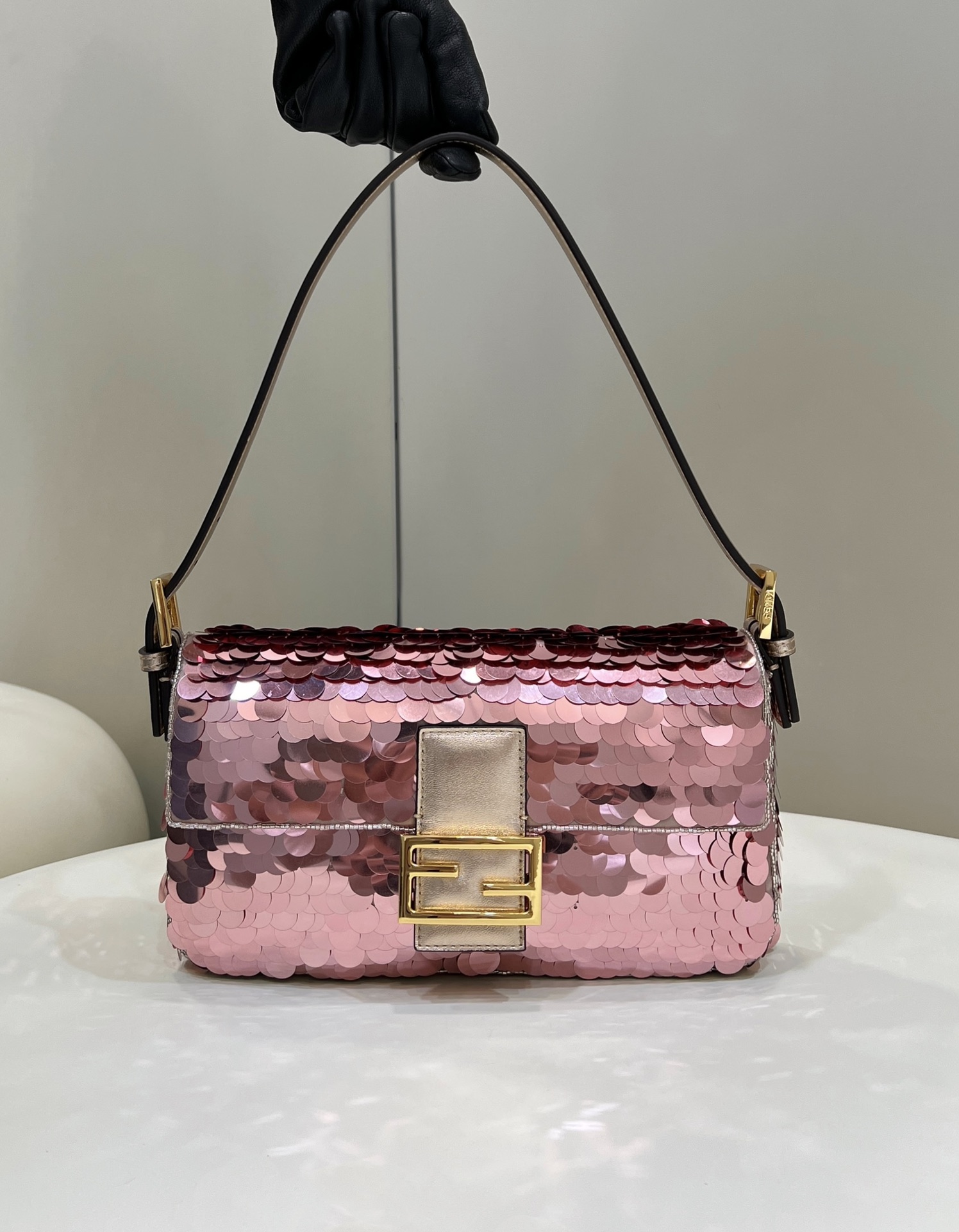F**di Baguette Pink Sequin And Leather Bag