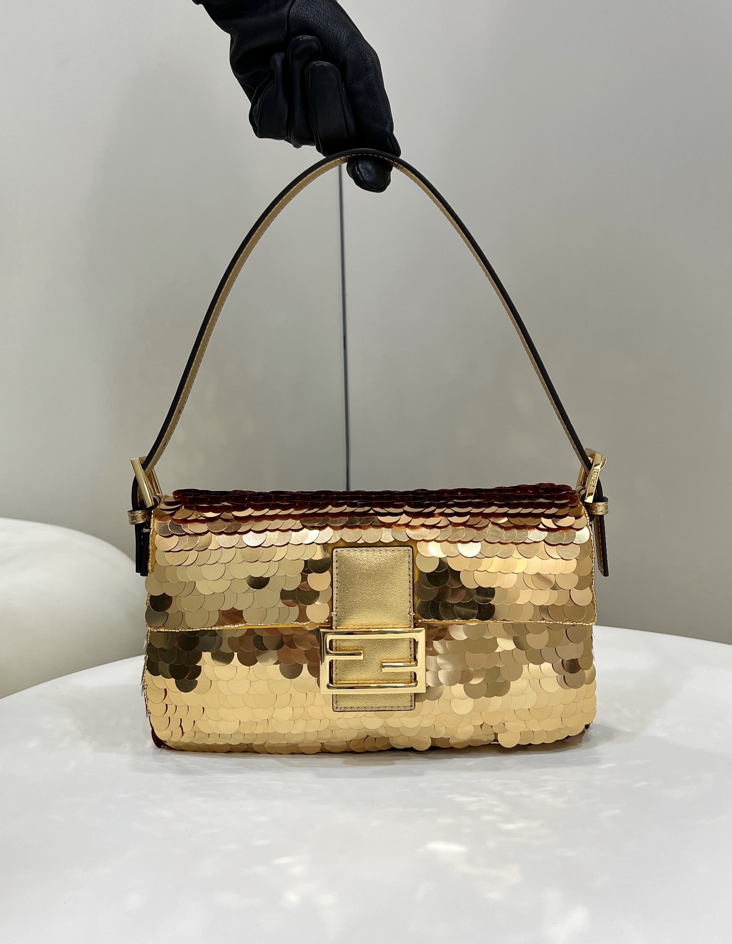 F**di Baguette Gold Sequin And Leather Bag