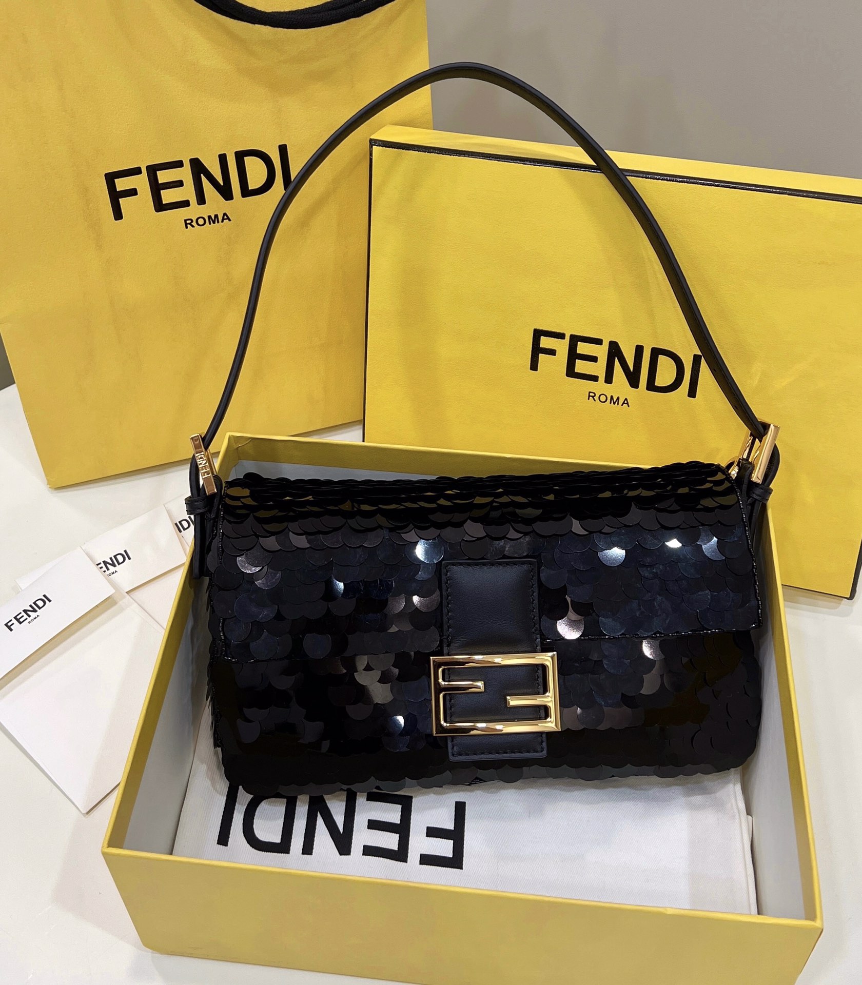 F**di Baguette Black Sequin And Leather Bag