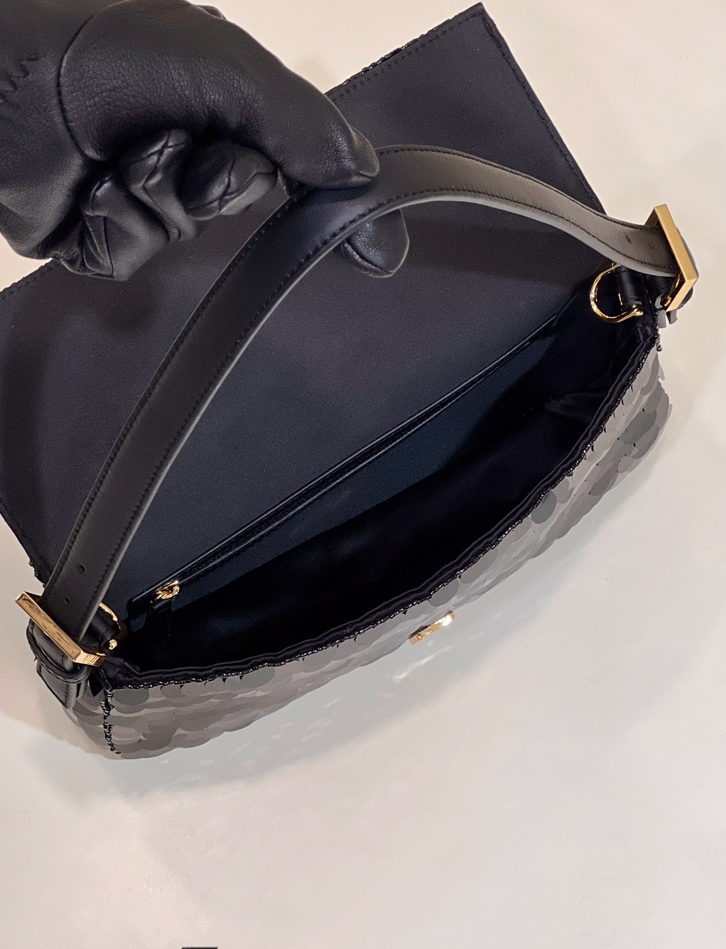 F**di Baguette Black Sequin And Leather Bag