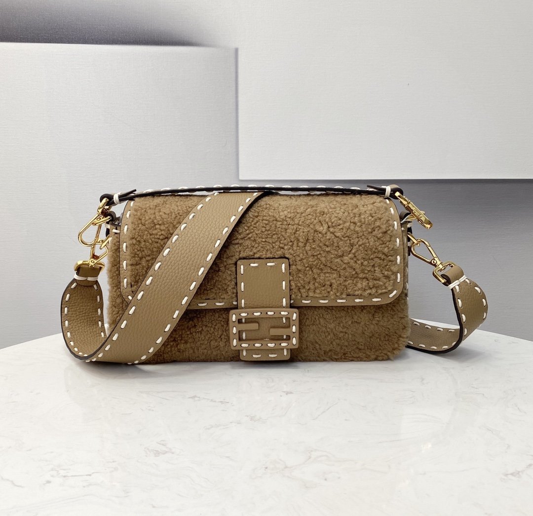 F**di Baguette Crossbody Beige Sheepskin Bag