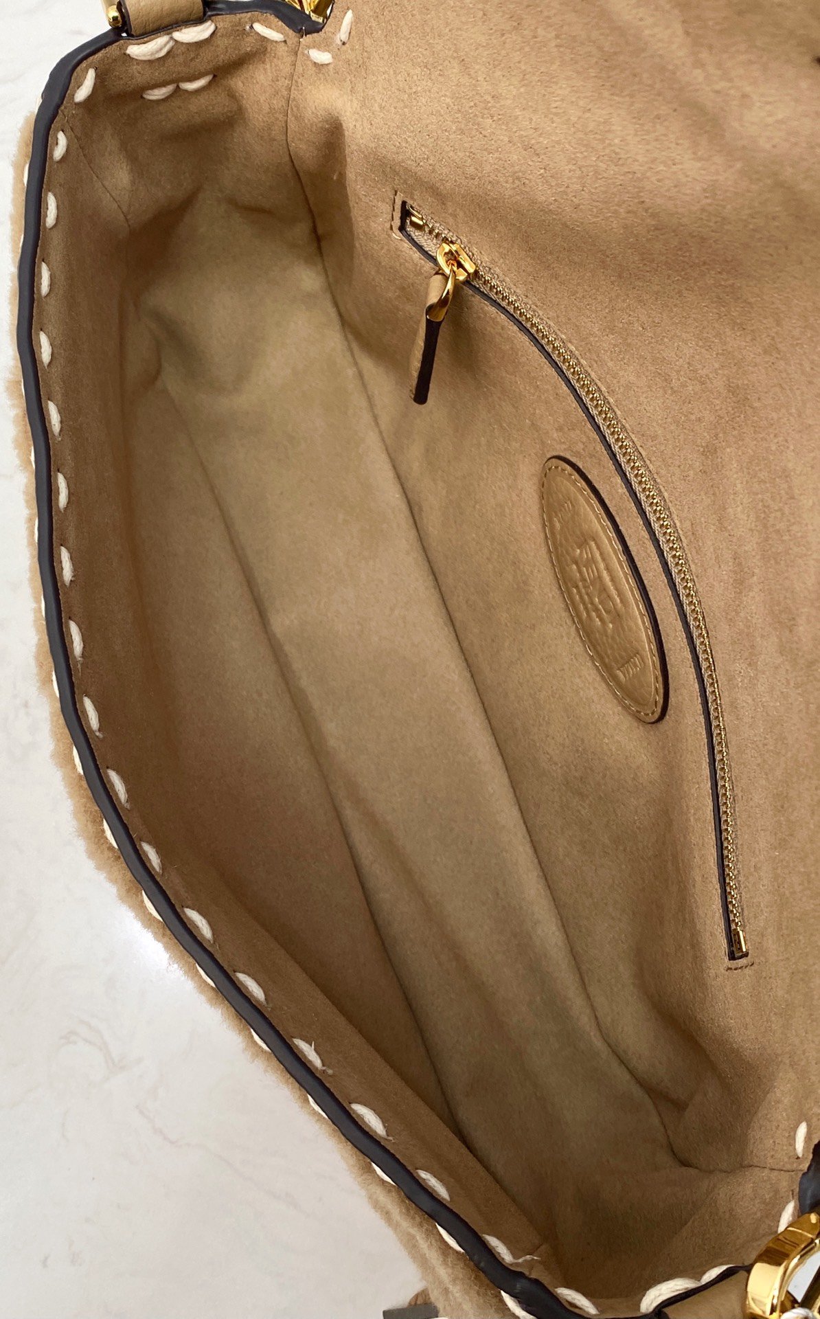F**di Baguette Crossbody Beige Sheepskin Bag