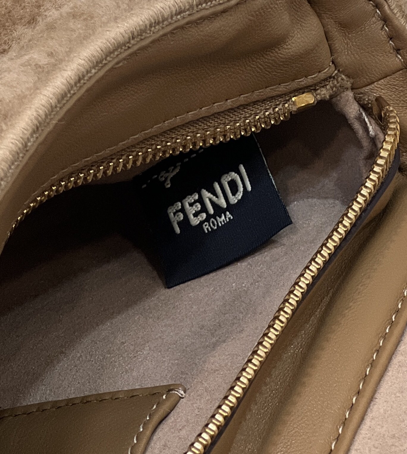F**di Baguette Crossbody Beige Sheepskin Bag Brown