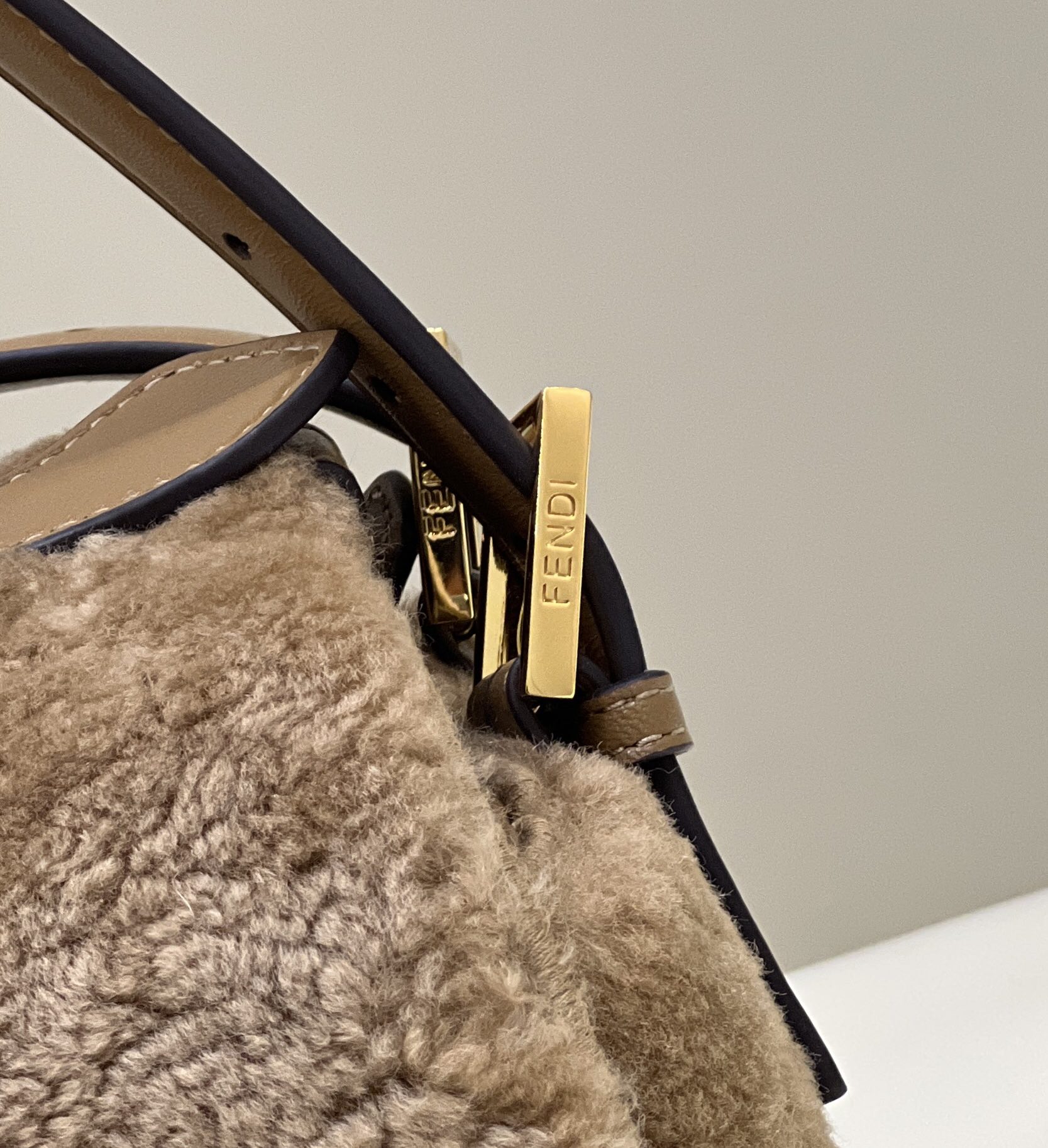 F**di Baguette Crossbody Beige Sheepskin Bag Brown