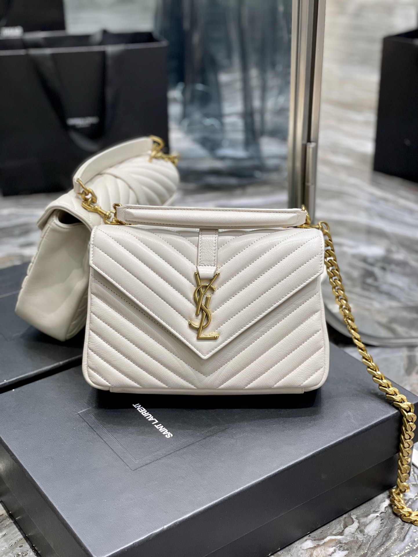 Y51 Monogram College White Medium Bag with Gold Hardware 24cm