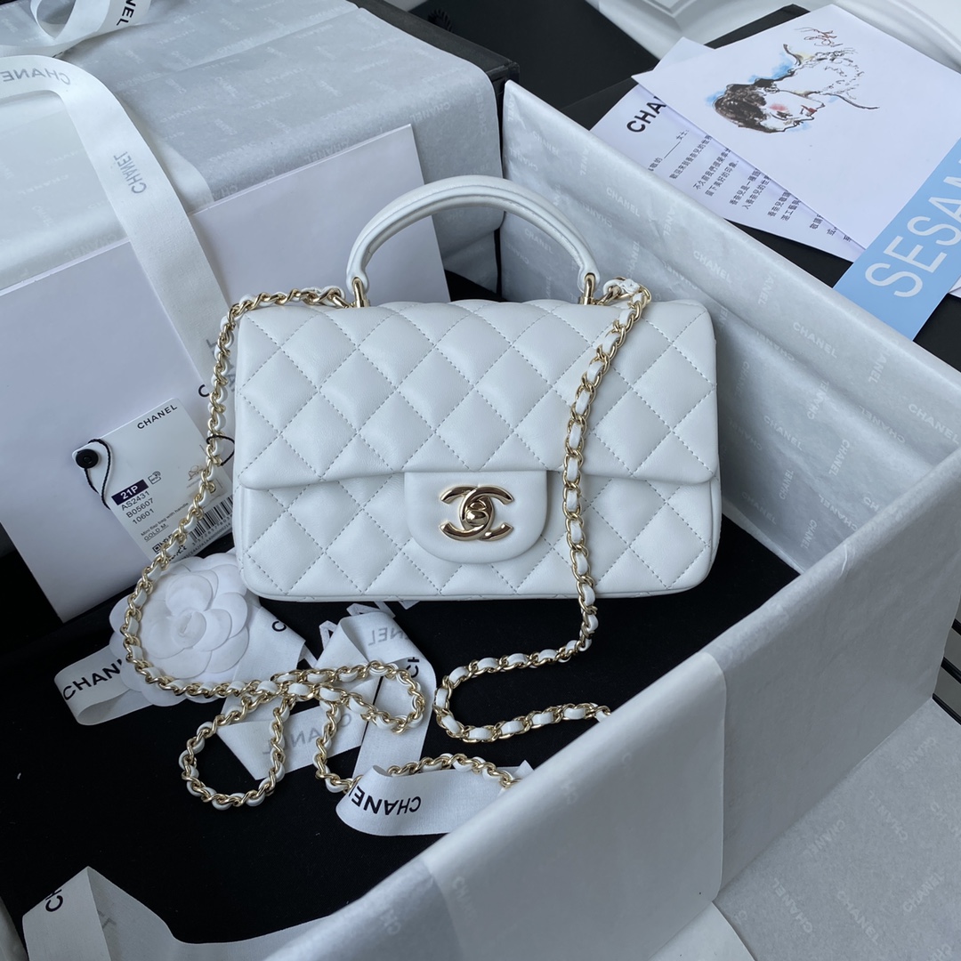 Ch**el Flap Handle Bag Lambskin 20cm White