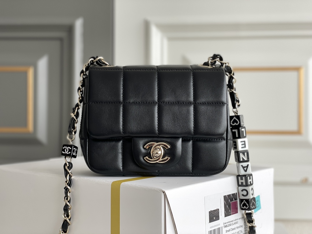 Bagsaaa Ch**el Chocolate Bar Mini Flap Shoulder Bag AS3744 Black - 16 x 12.5 x 8 cm
