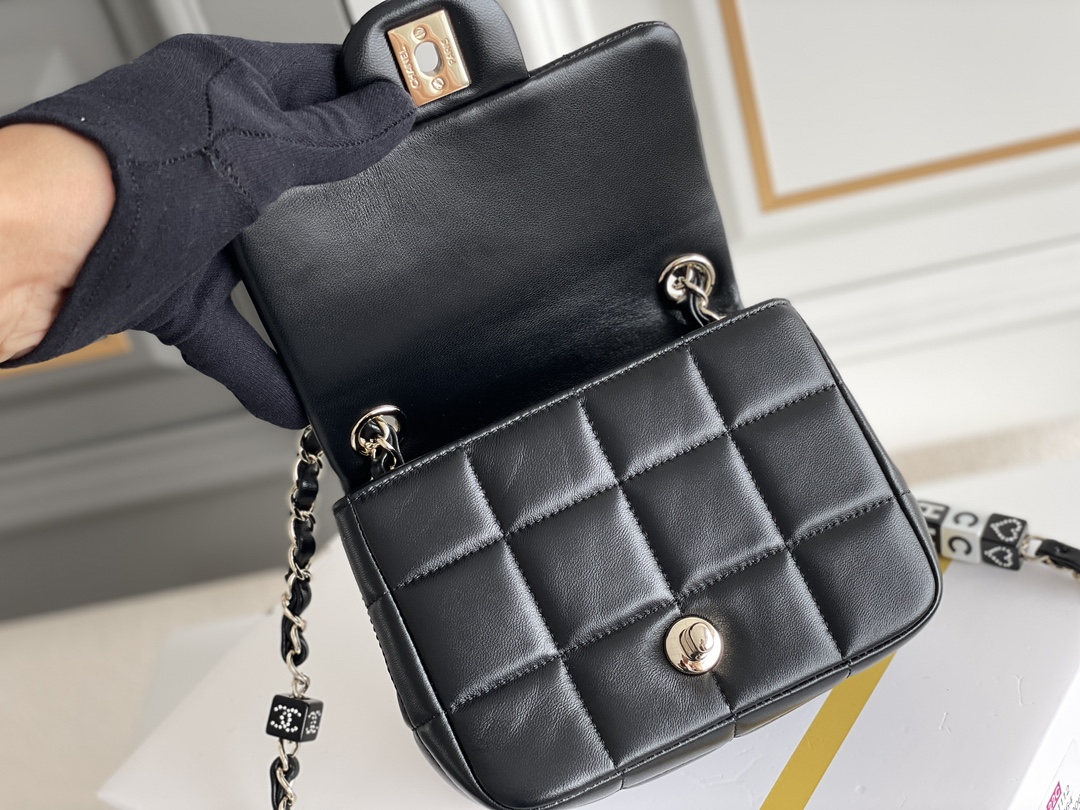 Bagsaaa Ch**el Chocolate Bar Mini Flap Shoulder Bag AS3744 Black - 16 x 12.5 x 8 cm