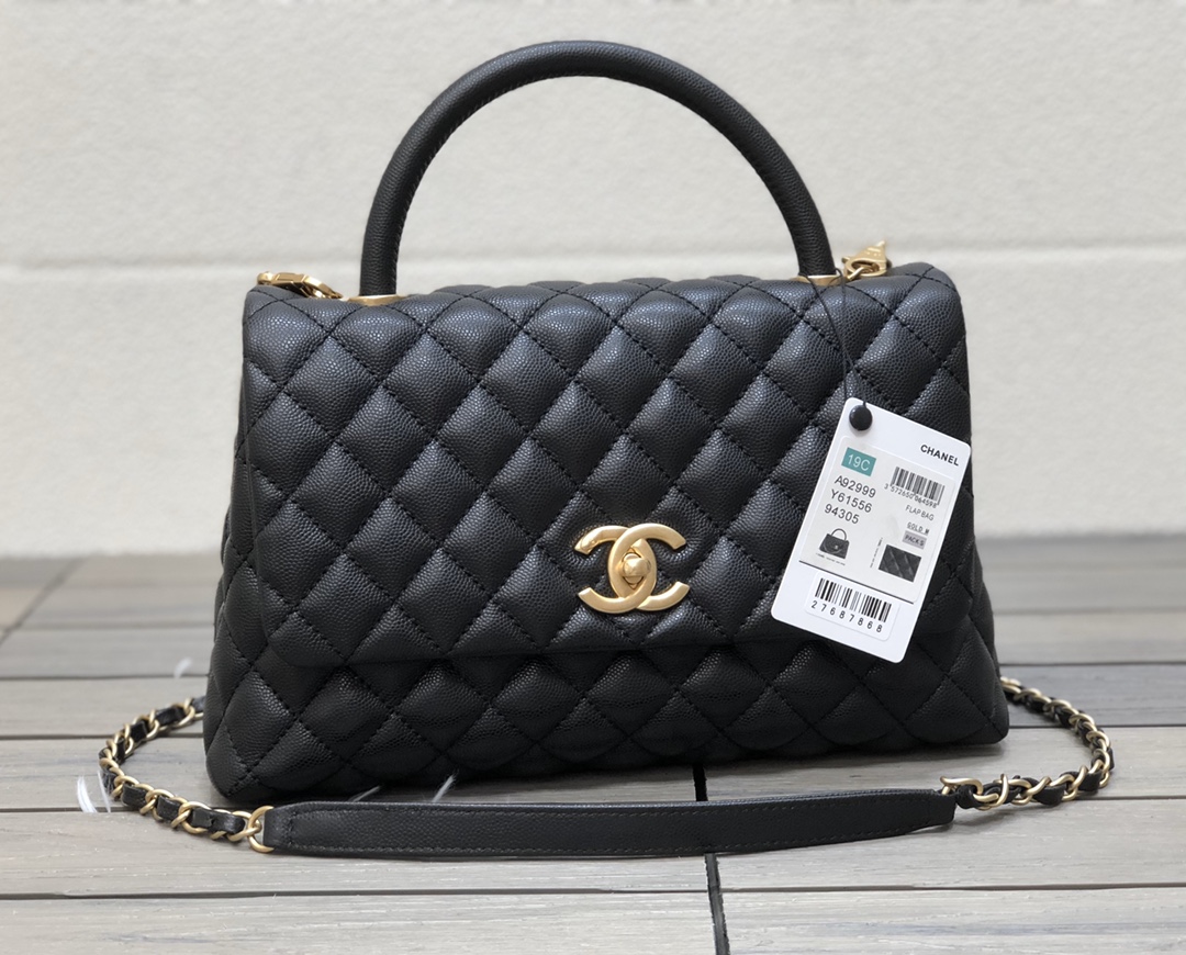 Bagsaaa Ch**el Coco Large Flap Bag With Top Handle A92991 Black - 18 × 29 × 12 cm