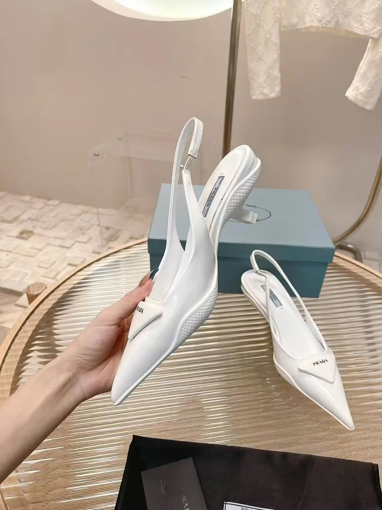 Bagsaaa Pra*a Brushed leather slingback pumps white