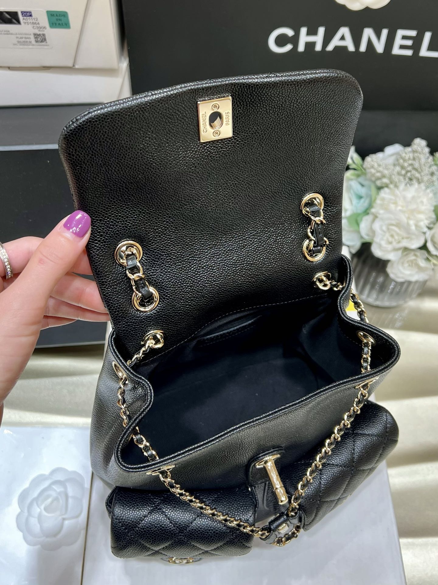 Bagsaaa Small Backpack Grained Shiny Calfskin & Gold-Tone Metal Black - 21*20*12cm