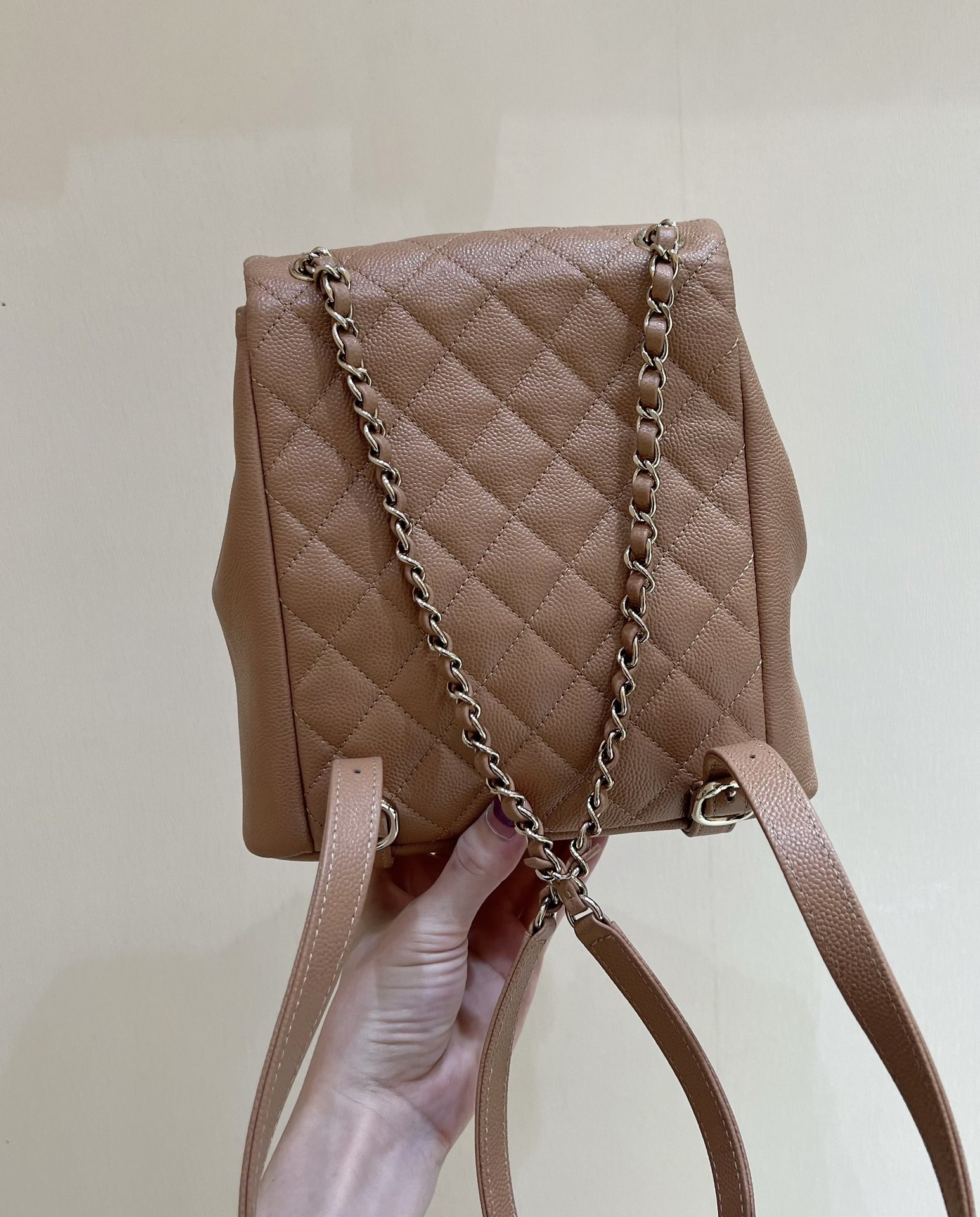 Bagsaaa Small Backpack Grained Shiny Calfskin & Gold-Tone Metal Nude - 21*20*12cm