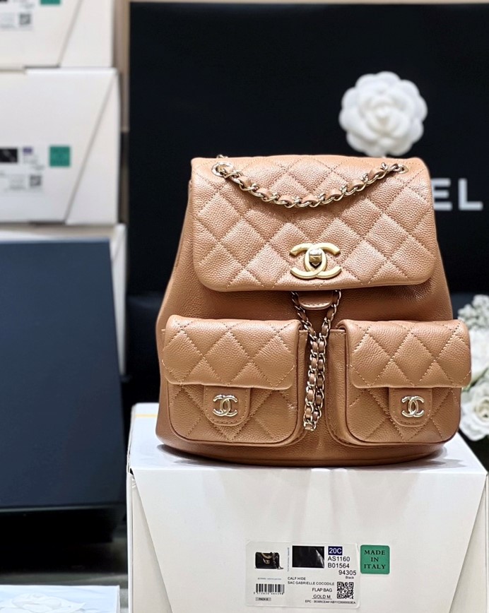 Bagsaaa Small Backpack Grained Shiny Calfskin & Gold-Tone Metal Nude - 21*20*12cm