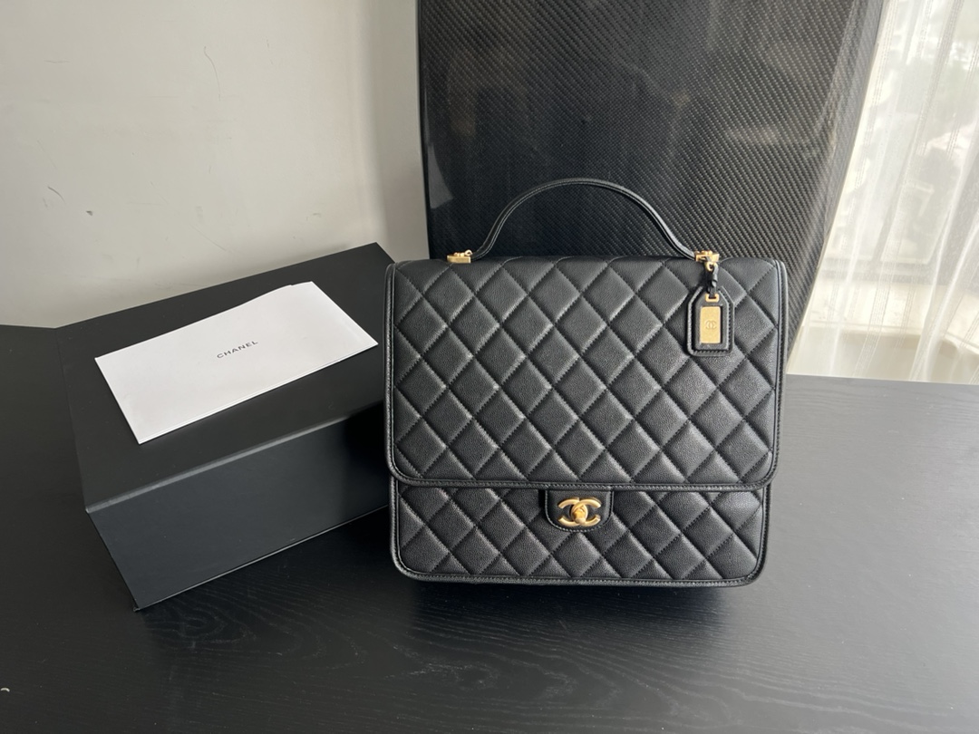 Bagsaaa Ch**el Backpack Calfskin gold tone metal black - 31.5cmx31cmx9cm