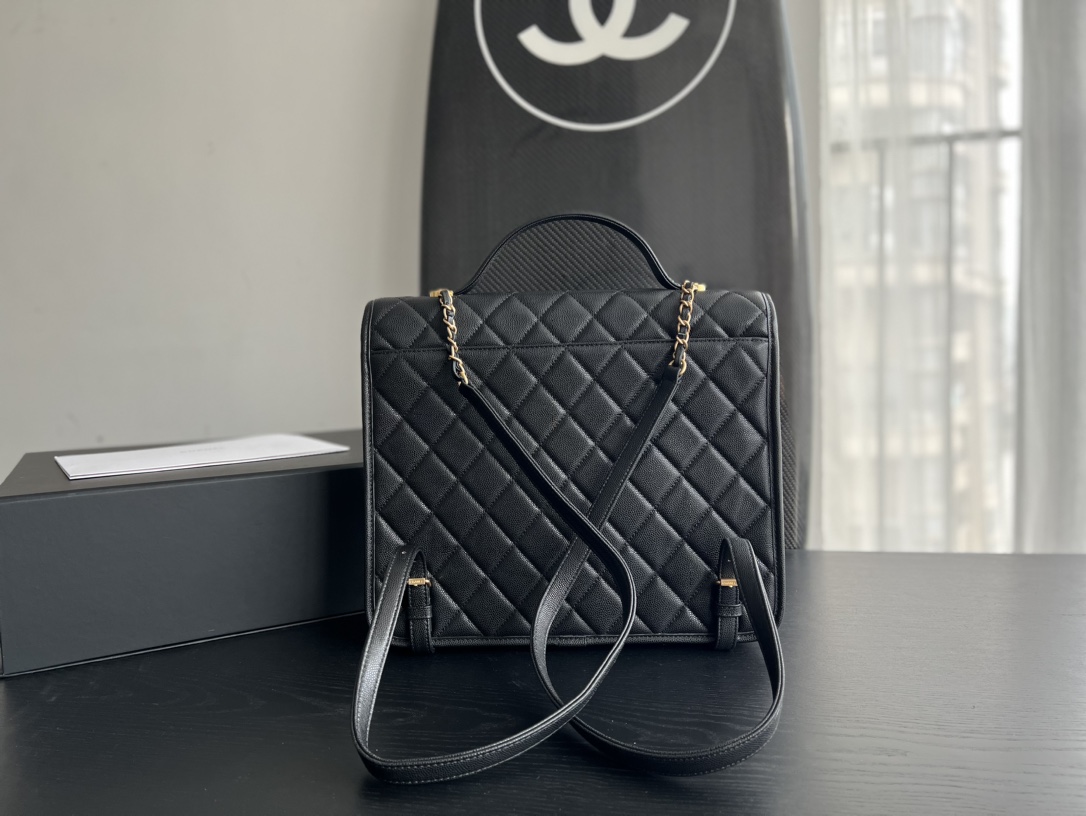 Bagsaaa Ch**el Backpack Calfskin gold tone metal black - 31.5cmx31cmx9cm
