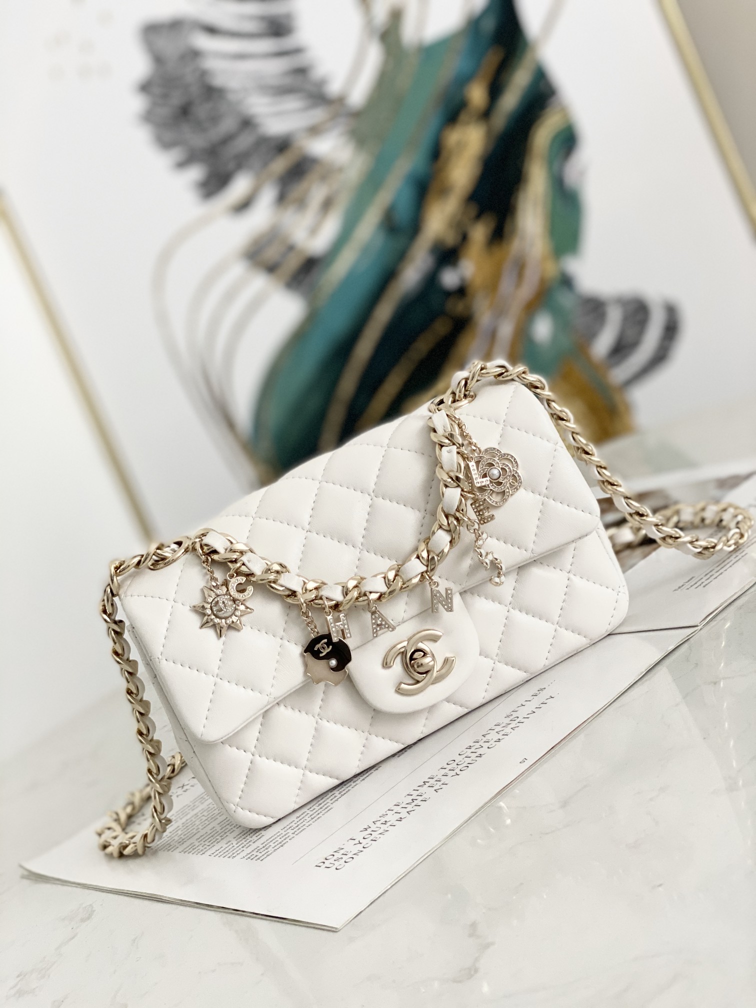 Bagsaaa Ch**el Charm Flap Bag White - 20cm