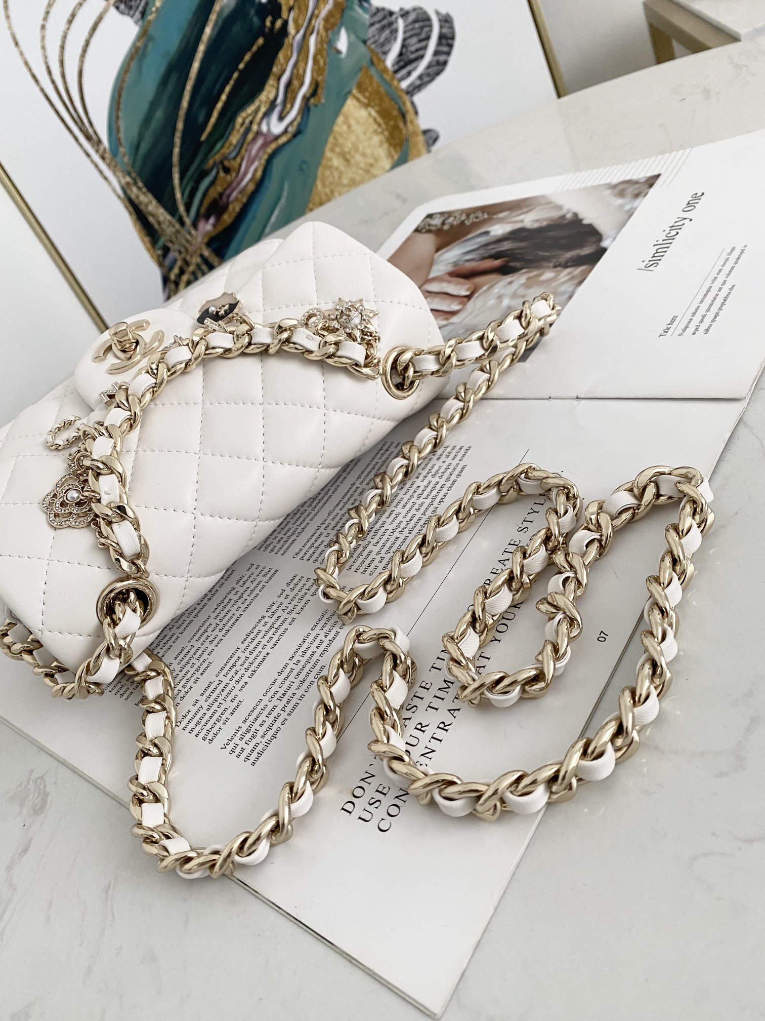 Bagsaaa Ch**el Charm Flap Bag White - 20cm