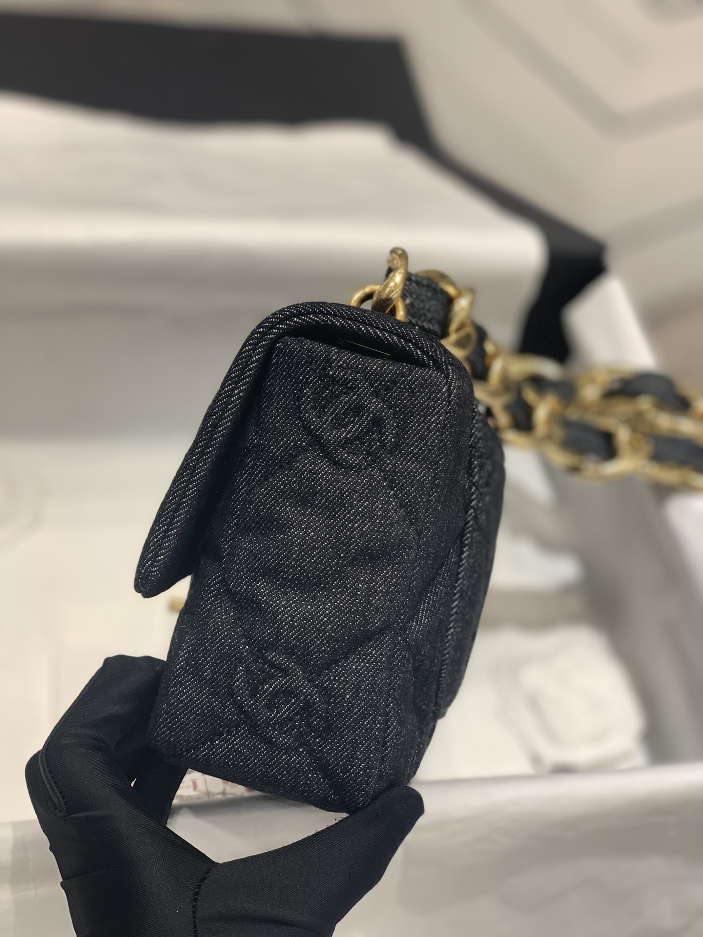 Bagsaaa Ch**el 22S Black Denim Quilted CC Flap Bag - 25×14×6cm