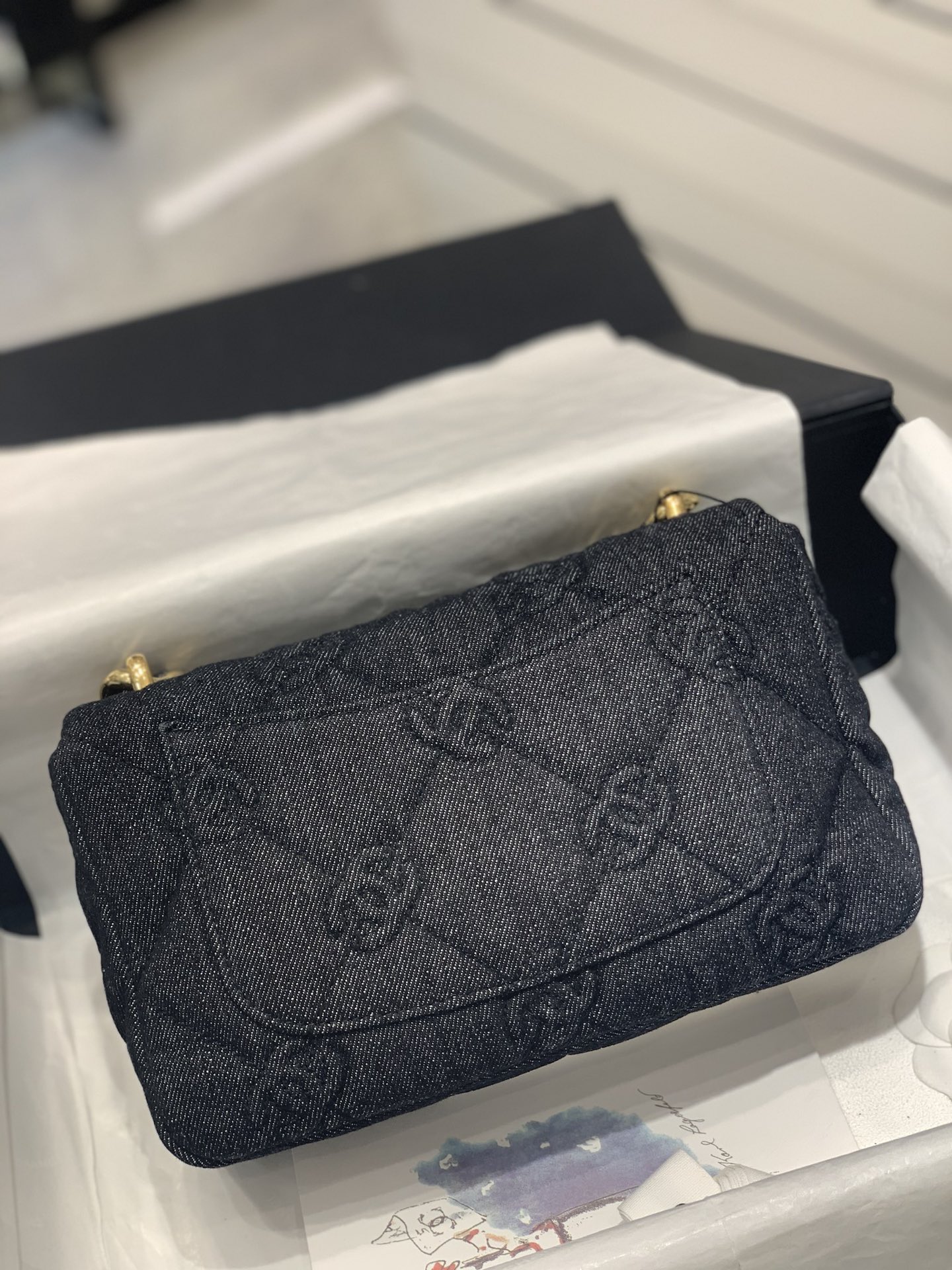Bagsaaa Ch**el 22S Black Denim Quilted CC Flap Bag - 25×14×6cm
