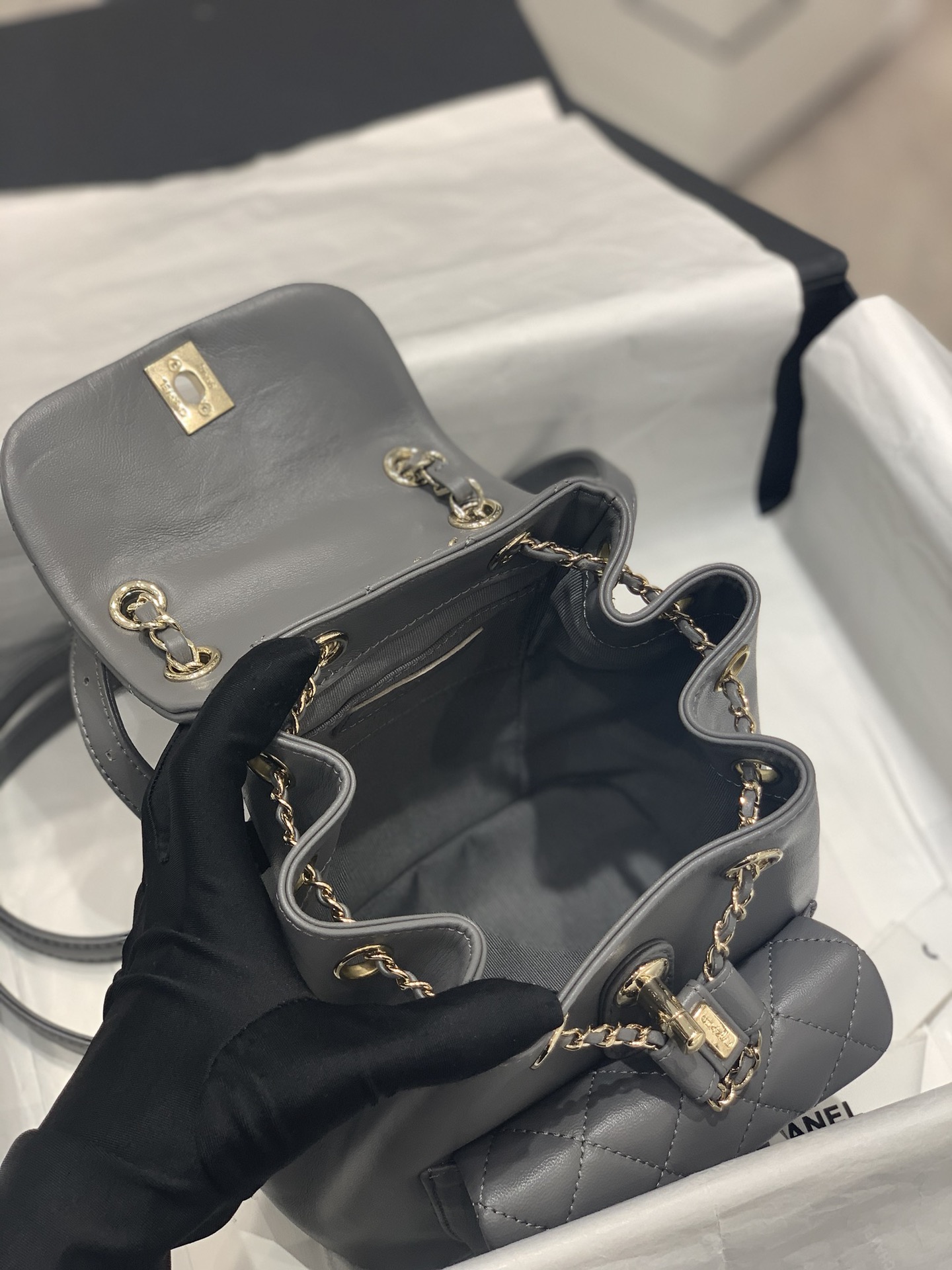 Bagsaaa Ch**el Duma Backpack Grey Lambskin - 18x18x12cm
