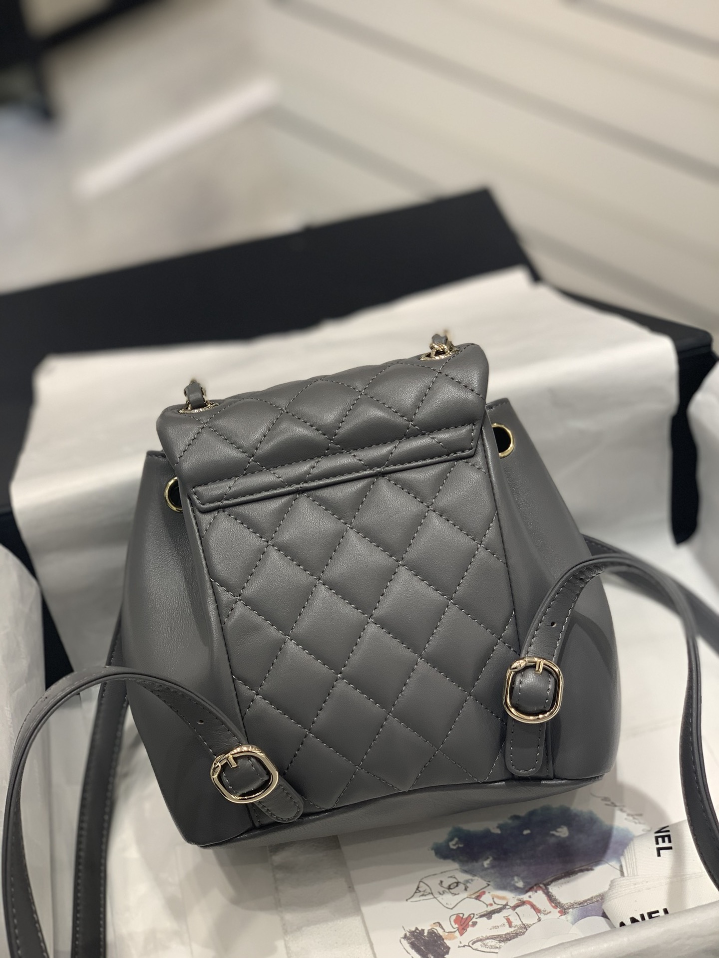 Bagsaaa Ch**el Duma Backpack Grey Lambskin - 18x18x12cm