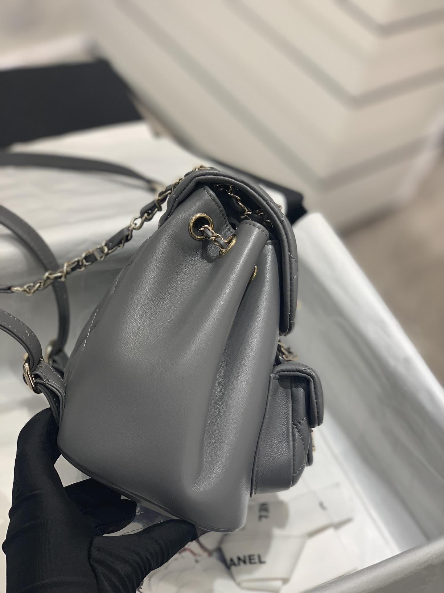 Bagsaaa Ch**el Duma Backpack Grey Lambskin - 18x18x12cm