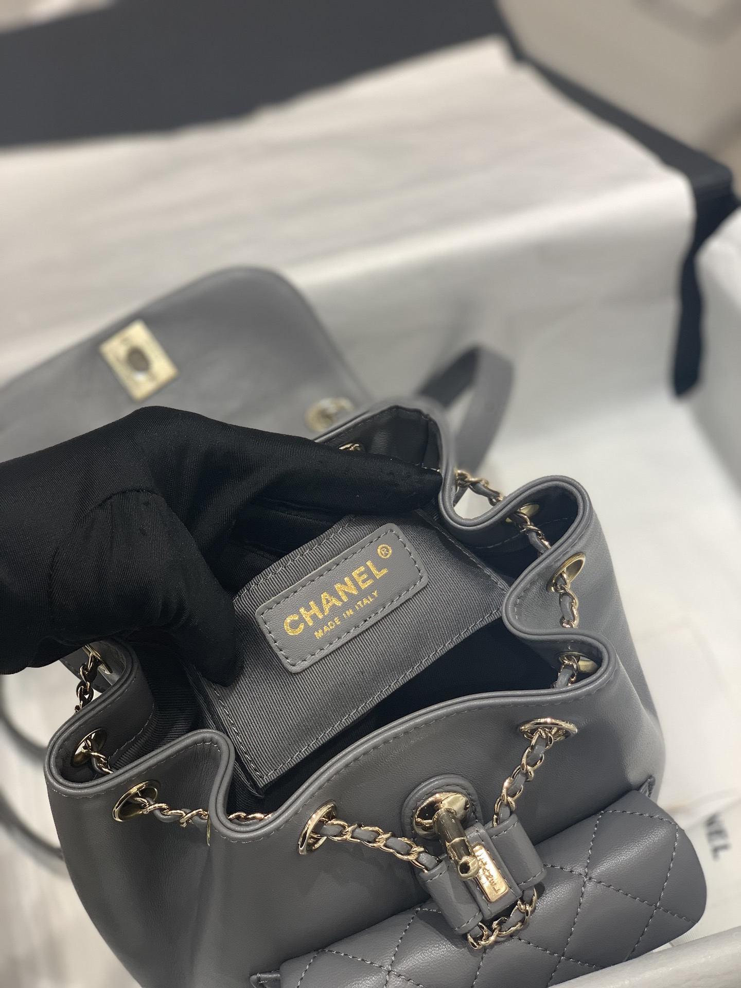 Bagsaaa Ch**el Duma Backpack Grey Lambskin - 18x18x12cm
