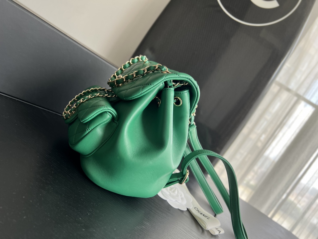 Bagsaaa Ch**el Duma Backpack Green Lambskin - 18x18x12cm