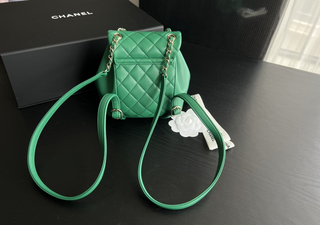 Bagsaaa Ch**el Duma Backpack Green Lambskin - 18x18x12cm