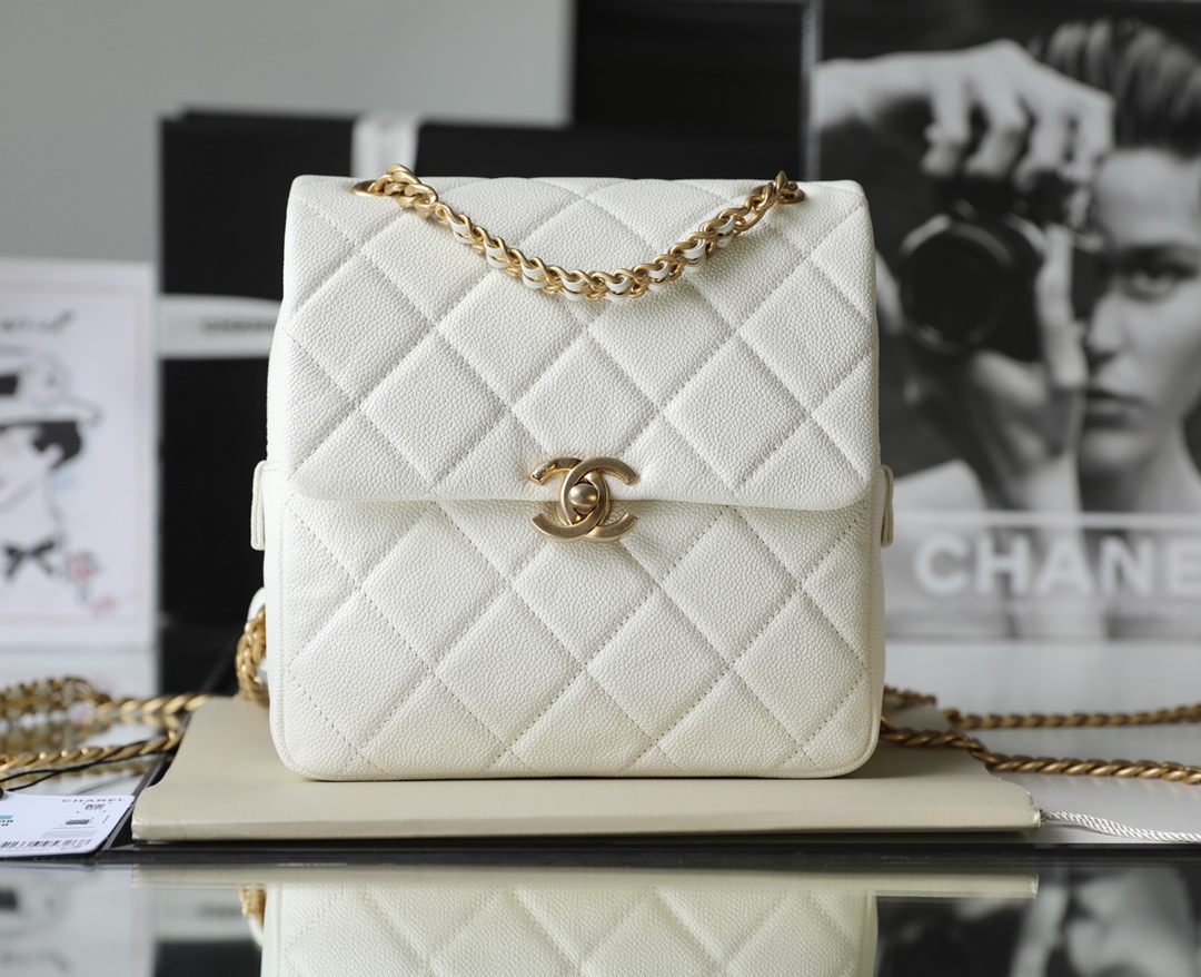 Bagsaaa Ch**el Ado Grained Calfskin Backpack White Gold - 20x19x8cm
