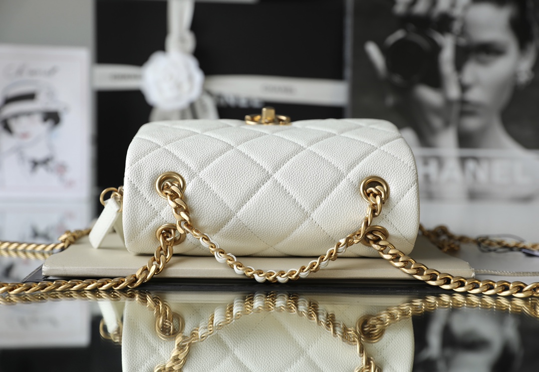 Bagsaaa Ch**el Ado Grained Calfskin Backpack White Gold - 20x19x8cm