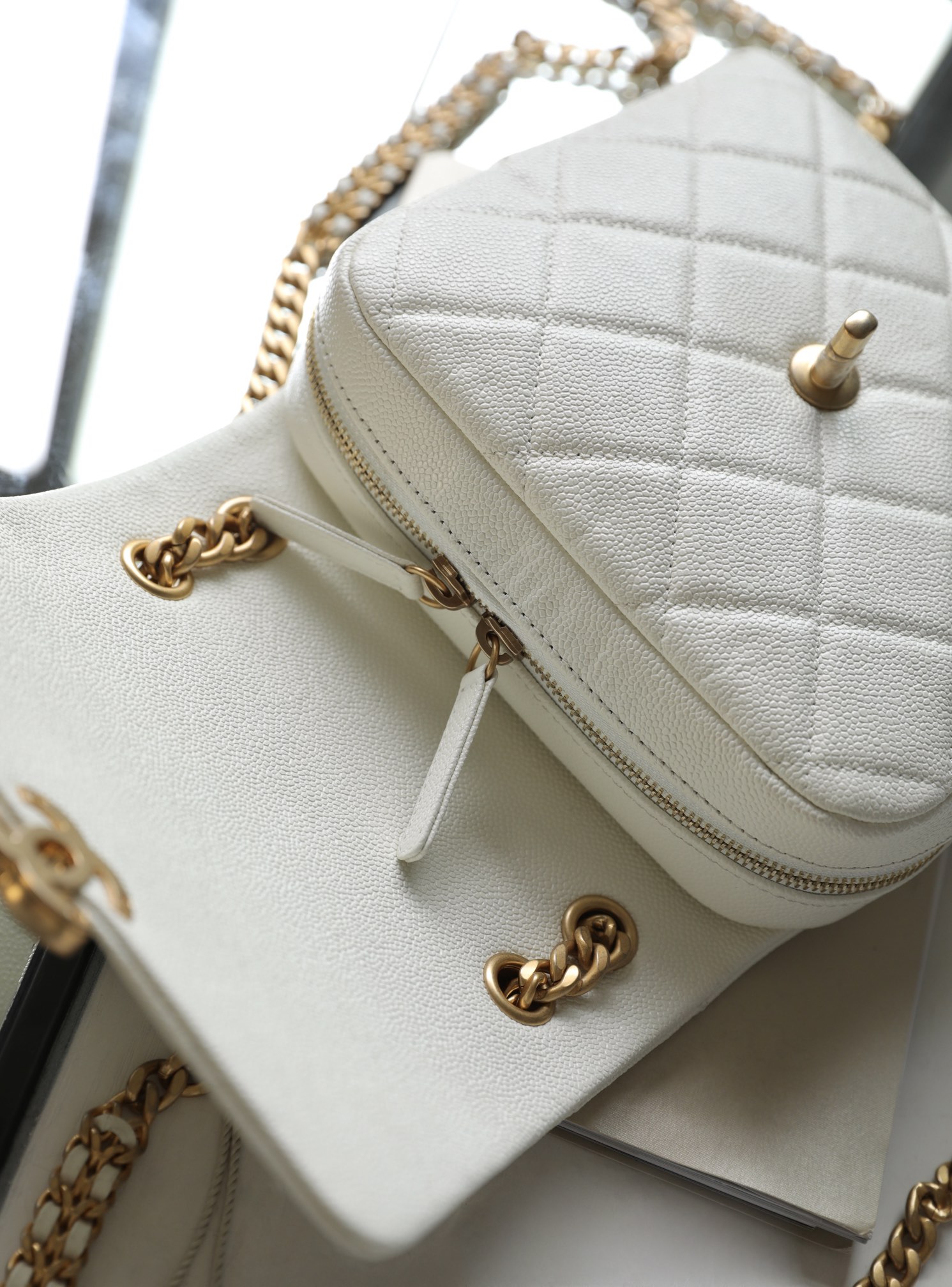 Bagsaaa Ch**el Ado Grained Calfskin Backpack White Gold - 20x19x8cm