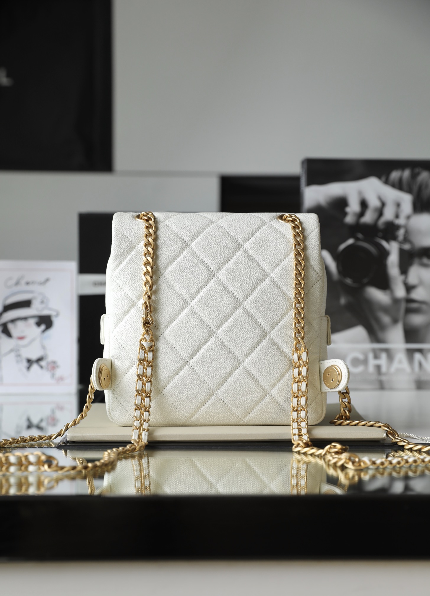 Bagsaaa Ch**el Ado Grained Calfskin Backpack White Gold - 20x19x8cm