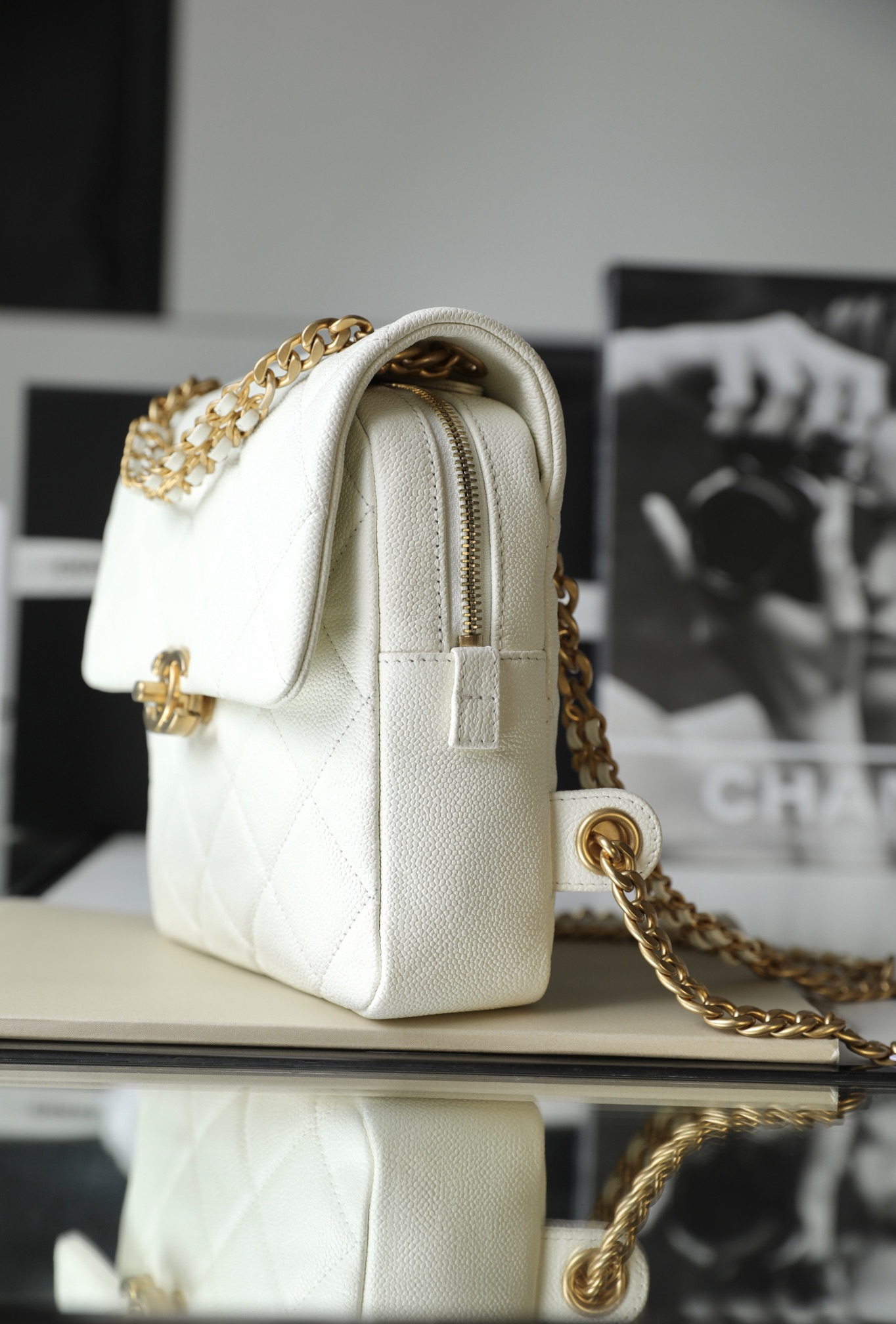 Bagsaaa Ch**el Ado Grained Calfskin Backpack White Gold - 20x19x8cm