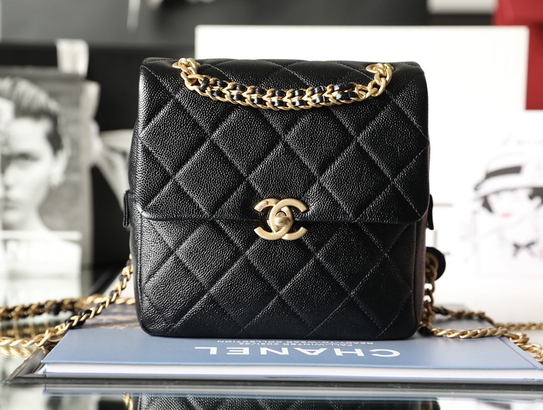 Bagsaaa Ch**el Ado Grained Calfskin Backpack Black Gold - 20x19x8cm