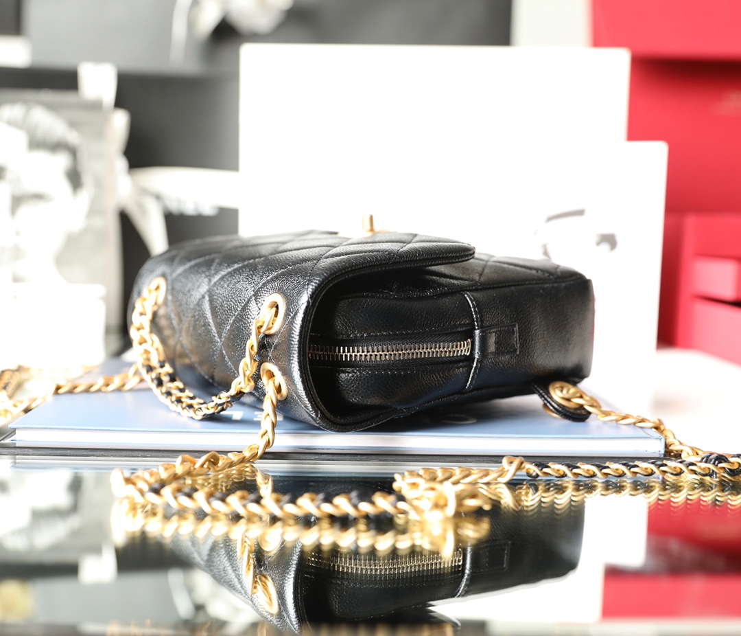 Bagsaaa Ch**el Ado Grained Calfskin Backpack Black Gold - 20x19x8cm