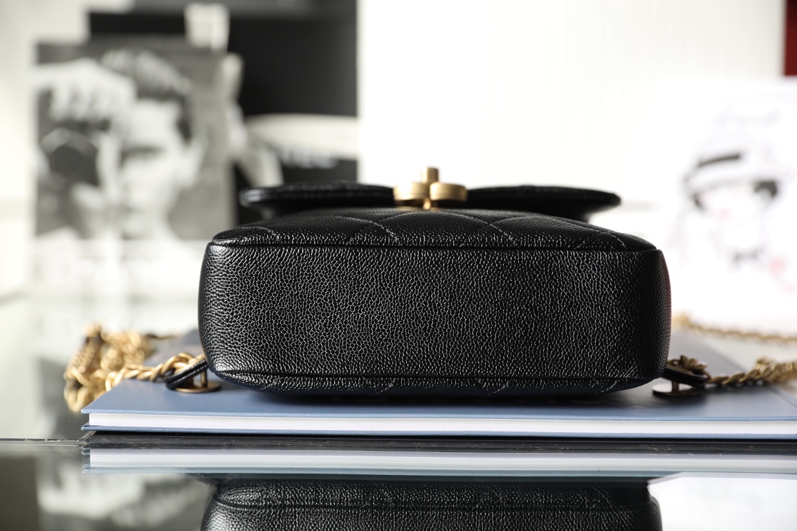 Bagsaaa Ch**el Ado Grained Calfskin Backpack Black Gold - 20x19x8cm