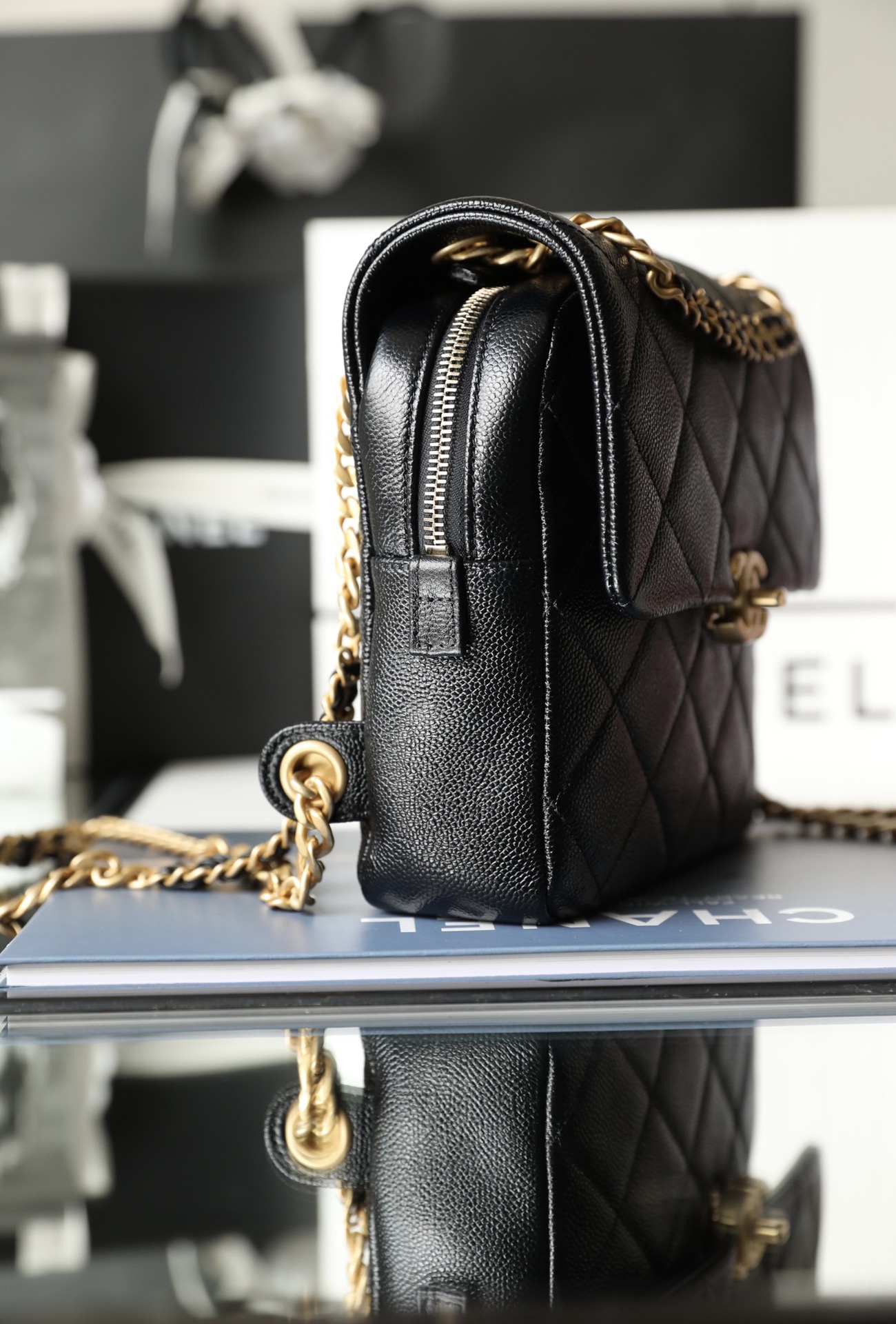 Bagsaaa Ch**el Ado Grained Calfskin Backpack Black Gold - 20x19x8cm