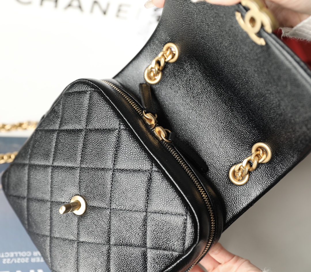Bagsaaa Ch**el Ado Grained Calfskin Backpack Black Gold - 20x19x8cm