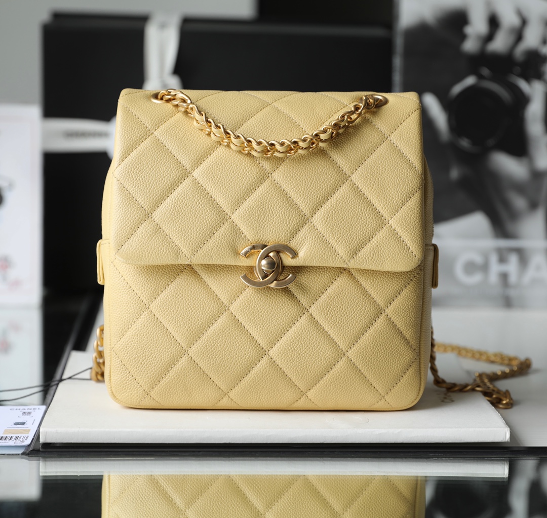 Bagsaaa Ch**el Ado Grained Calfskin Backpack Yellow Gold - 20x19x8cm