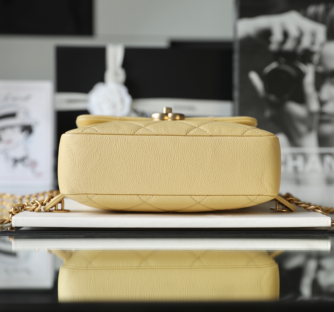 Bagsaaa Ch**el Ado Grained Calfskin Backpack Yellow Gold - 20x19x8cm