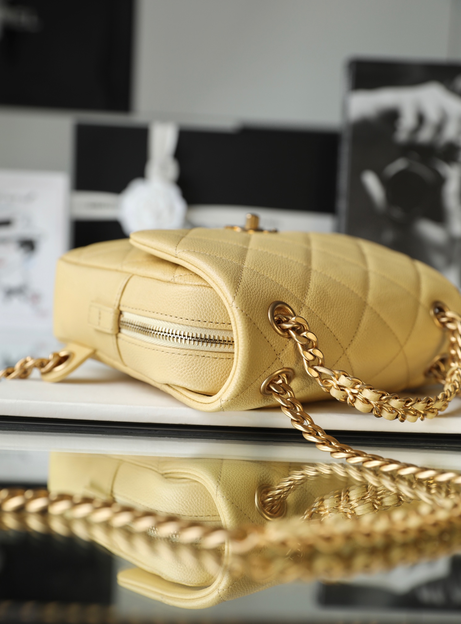 Bagsaaa Ch**el Ado Grained Calfskin Backpack Yellow Gold - 20x19x8cm