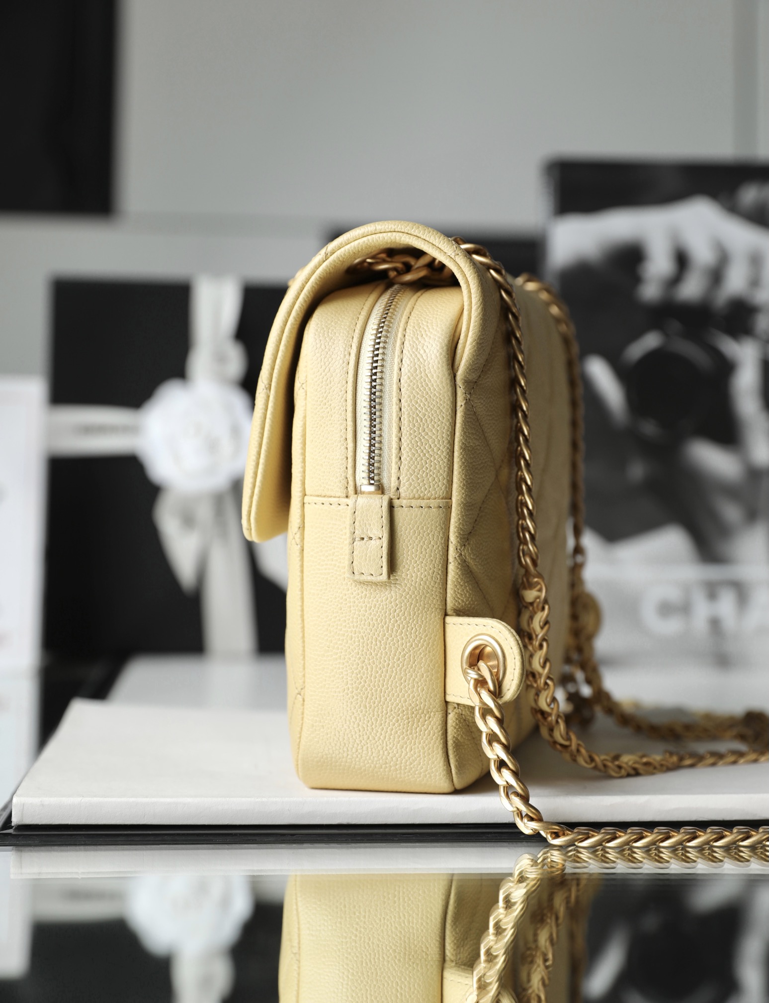Bagsaaa Ch**el Ado Grained Calfskin Backpack Yellow Gold - 20x19x8cm