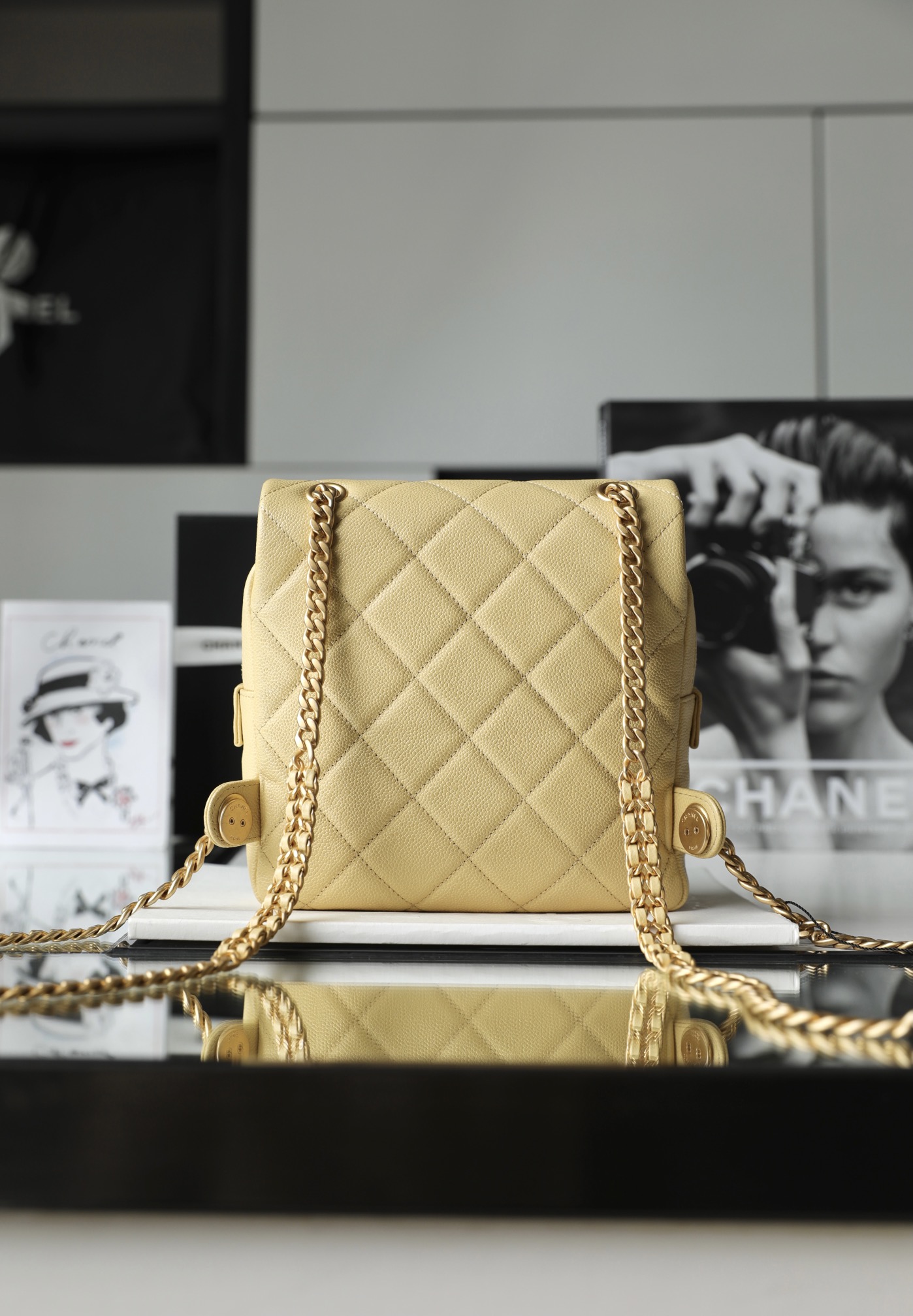 Bagsaaa Ch**el Ado Grained Calfskin Backpack Yellow Gold - 20x19x8cm