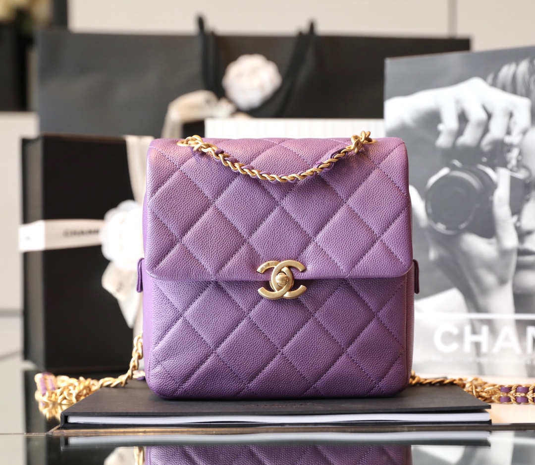 Bagsaaa Ch**el Ado Grained Calfskin Backpack Purple Gold - 20x19x8cm
