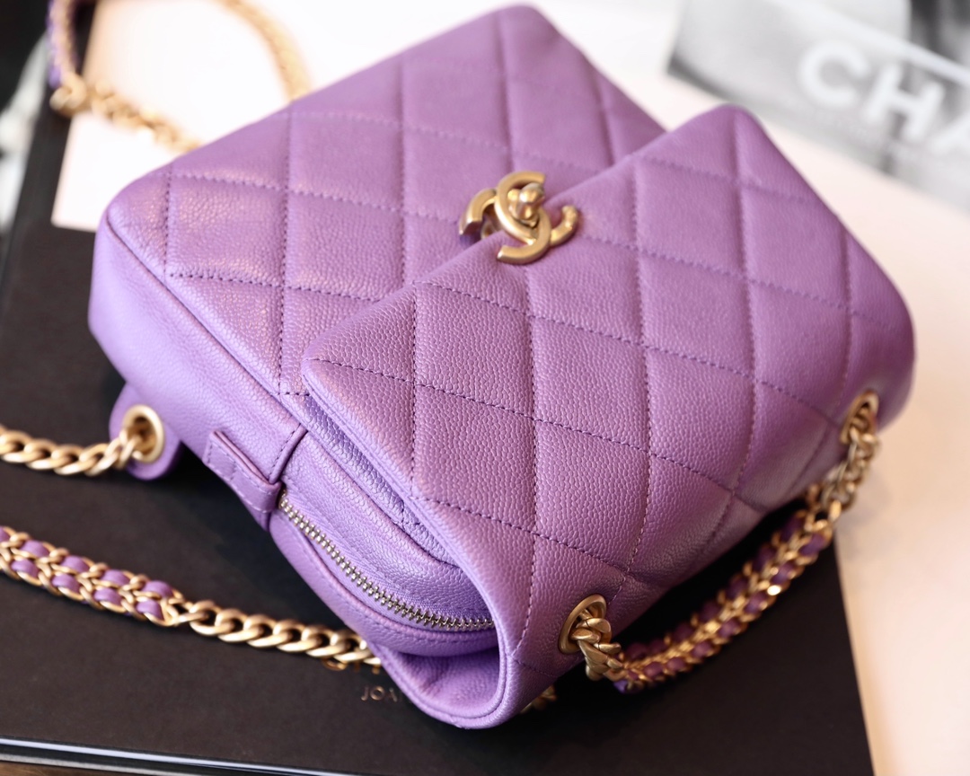 Bagsaaa Ch**el Ado Grained Calfskin Backpack Purple Gold - 20x19x8cm