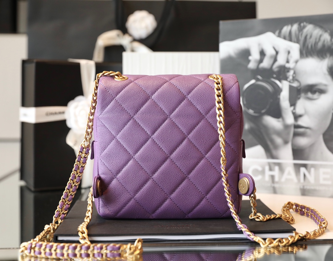 Bagsaaa Ch**el Ado Grained Calfskin Backpack Purple Gold - 20x19x8cm