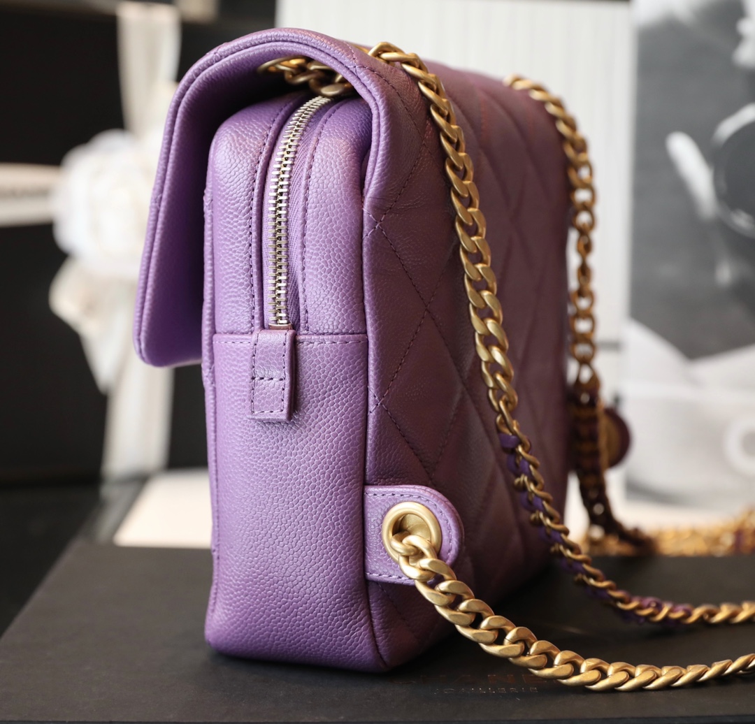 Bagsaaa Ch**el Ado Grained Calfskin Backpack Purple Gold - 20x19x8cm